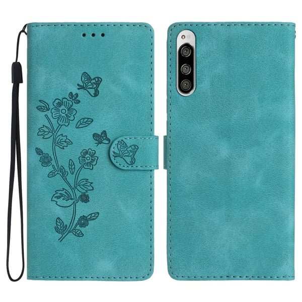 Skinnveske med blomsteravtrykk for Sony Xperia 5, lommebokstativ mobiltelefonbeskyttende deksel - Himmelblå