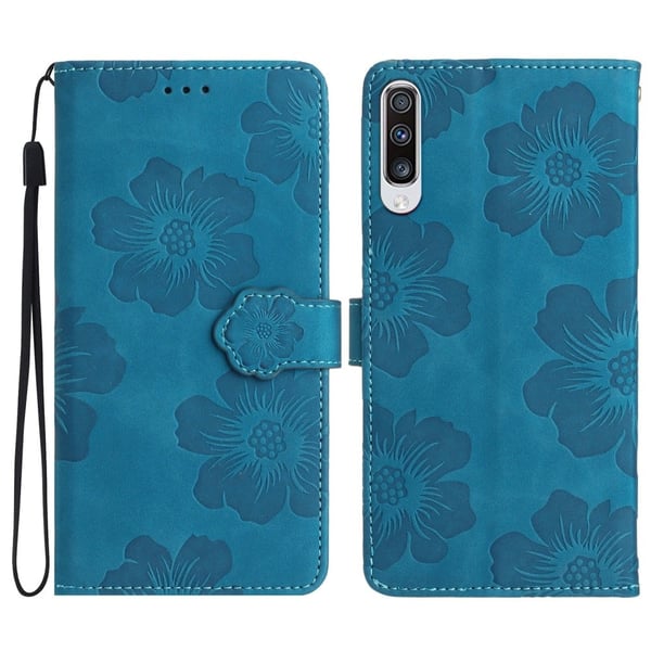 For Samsung Galaxy A50 / A50s / A30s Blomster påtrykt skinndeksel lommebokstativveske med stropp - Blå For Samsung Galaxy A50 / A50s / A30s Blomster påtrykt skinndeksel lommebokstativveske med stropp - Blå