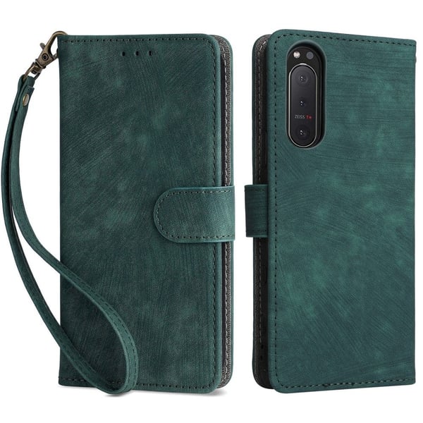 For Sony Xperia 5 II Etui Lommebok PU skinnstativ RFID-blokkerende telefondeksel med stropp - Grønn
