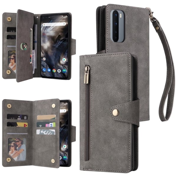OnePlus Nord Asia PU Nahka Taitettava Stand lompakko puhelin kansi Rivet Decor - Harmaa