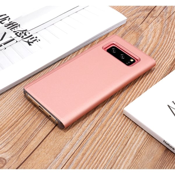 Til Samsung Galaxy Note 8 N950 Plated Mirror Surface Information View Leather Phone Case med stativ - Rødguld