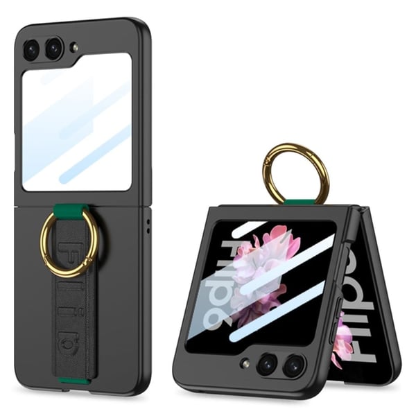 GKK Til Samsung Galaxy Z Flip6 5G Etui Ringholder Håndrem PC Telefoncover med bageste skærmfilm - Kulfiberstruktur GKK Til Samsung Galaxy Z Flip6 5G Etui Ringholder Håndrem PC Telefoncover med bageste skærmfilm - Kulfiberstruktur