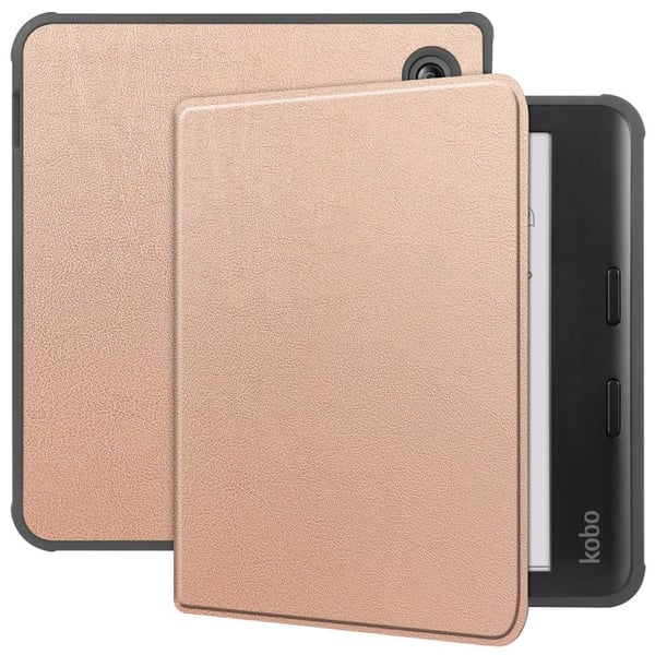 For Kobo Libra Fargetui PU-lær + TPU E-Reader-deksel med støtte for automatisk vekking/søvn - Rose Gull