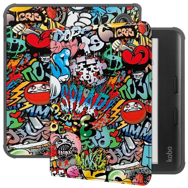For Kobo Libra Fargetui med automatisk dvalemodus / vekkemønster for utskrift av e-leser-deksel - Graffiti