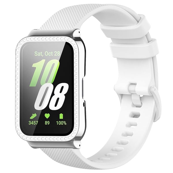 Samsung Galaxy Fit3 silikoniranneke strassi koriste katsella tapauksessa + näytönsuoja - Valkoinen Hihna + Galvanoitu Hopea Tapauksessa