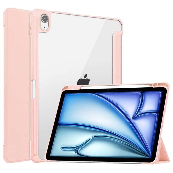 iPad Air 11 (2024) Clear Case Veganlæder Auto Wake Sleep Beskyttende cover med penneplads - Lyserød