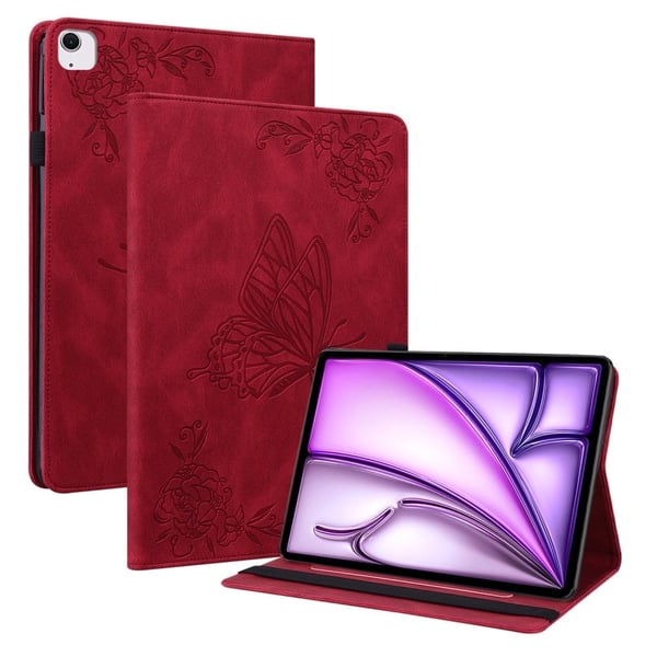 iPad Air 11 (2024) Case Imprinted Butterfly Flower Vegan Leather Flip Card Slots Tablet Cover - Red iPad Air 11 (2024) Case Imprinted Butterfly Flower Vegan Leather Flip Card Slots Tablet Cover - Red
