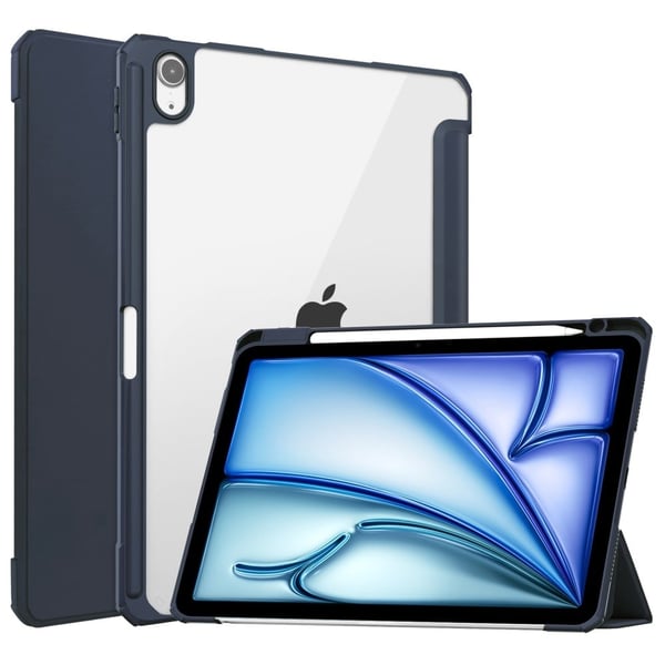 iPad Air 11 (2024) Clear Case Vegan Leather Auto Wake Sleep Protective Cover with Pen Slot - Dark Blue iPad Air 11 (2024) Clear Case Vegan Leather Auto Wake Sleep Protective Cover with Pen Slot - Dark Blue