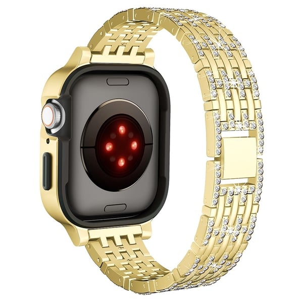 Apple Watch Series 9/8/7 45 mm metallklokkearmbånd med rhinestone-dekor integrert med beskyttelsesetui - Gull Apple Watch Series 9/8/7 45 mm metallklokkearmbånd med rhinestone-dekor integrert med beskyttelsesetui - Gull