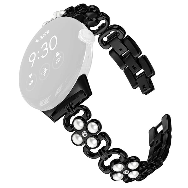 Google Pixel Watchband Pearl Four Leaf Clover Decor Armbånd i rustfrit stål - Sort