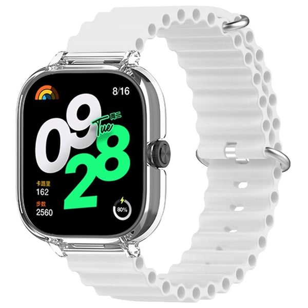 Xiaomi Redmi Watch 4 Silikone rem Ocean Sport Watchband med gennemsigtig kasse - Hvid Xiaomi Redmi Watch 4 Silikone rem Ocean Sport Watchband med gennemsigtig kasse - Hvid