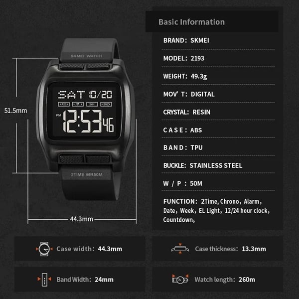 SKMEI 2193 Square Digital Watch med EL-bakgrunnsbelysning - Svart + Hvit Urskive