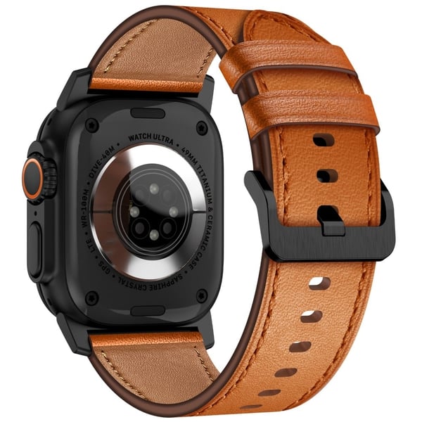 KALEBOL Apple Watch Series 49mm - 45mm - 44mm - 42mm Cowhide Leather Band - Svart + Brun