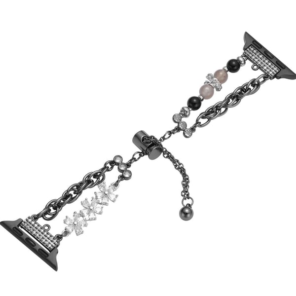 Apple Watch Series 41mm - 40mm - 38mm Pearl Flower Stainless Steel Bracelet Watch Strap - Black