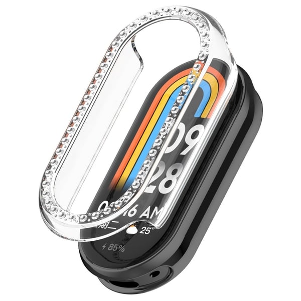 Xiaomi Mi Band 9 / 9 NFC Rhinestone Decor Hollow-Out Deksel Bump Resistant Watch Frame Case - Gjennomsiktig Hvit Xiaomi Mi Band 9 / 9 NFC Rhinestone Decor Hollow-Out Deksel Bump Resistant Watch Frame Case - Gjennomsiktig Hvit