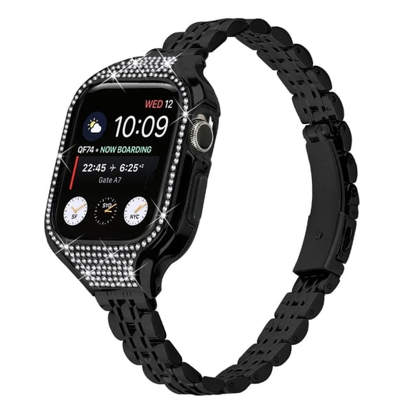 Apple Watch Series 7 / 8 / 9 41mm udskiftning 7 perler rustfrit stålrem med urkasse - Sort Apple Watch Series 7 / 8 / 9 41mm udskiftning 7 perler rustfrit stålrem med urkasse - Sort