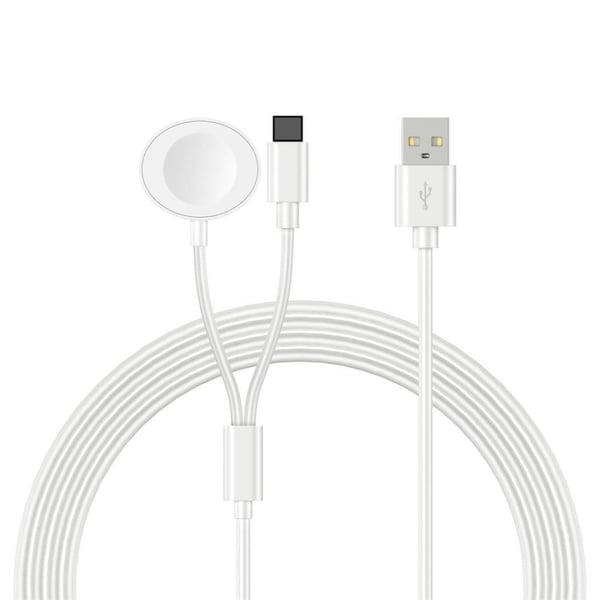 100 cm USB- til iP / Apple Watch oval trådløs ladestasjon 2-i-1 ladekabel - Hvit