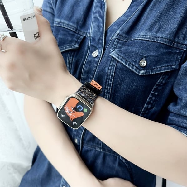 KALEBOL Apple Watch Series 41mm - 40mm - 38mm Denim klokkerem Magic Tape Justerbart bånd - Svart