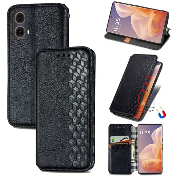 Motorola Moto G85 læderetui med stilfuldt rombe aftryk - Sort