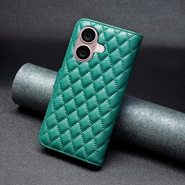 Rombemønster, matt flip-deksel for iPhone 16 Plus - Grønn