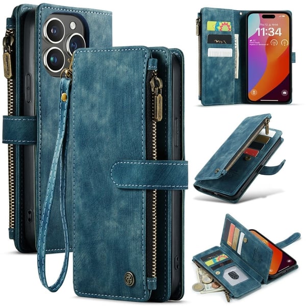 CaseMe iPhone 16 Pro Max lommeboketui med glidelås - Blå