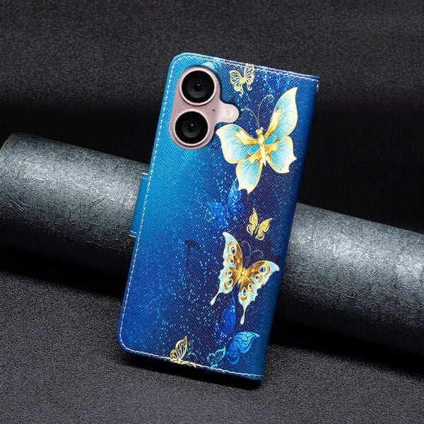 Wonderland iPhone 16 Plus flip-etui - Gylne Sommerfugler