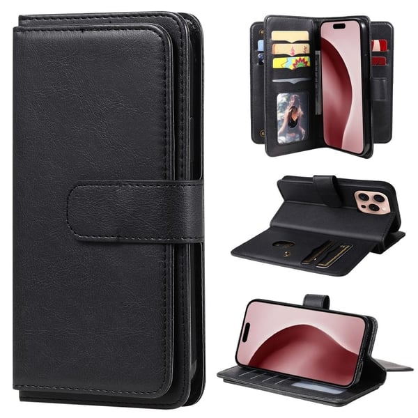 Lommebok-etui med 10 lommeseksjoner for iPhone 16 Pro - Svart