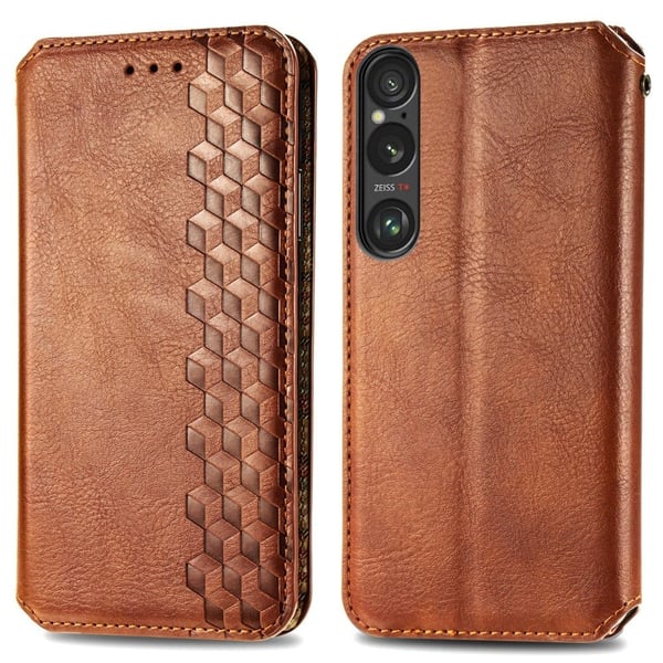 Skinn-etui med stilfult rombeavtrykk for Sony Xperia 1 VI - Brun