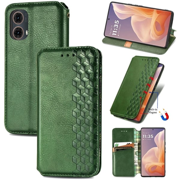 Skinn-etui med stilfult rombeavtrykk for Motorola Moto G85 - Grønn
