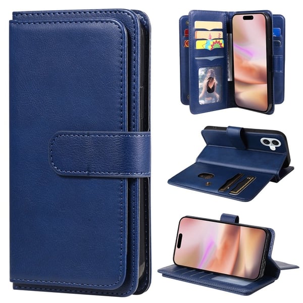Lommebok-etui med 10 lommeseksjoner for iPhone 16 Plus - Blå