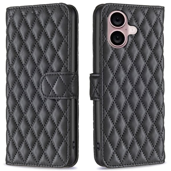 Rombemønster, matt flip-deksel for iPhone 16 Plus - Svart