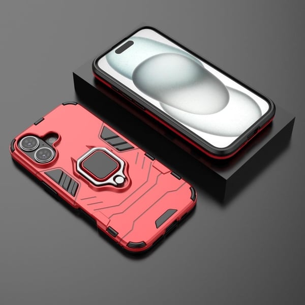 Hybrid iPhone 16 cover med støttefod og bilmontering - Rød