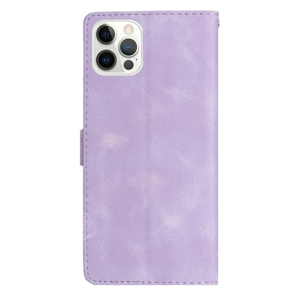 iPhone 16 Pro-etui i vegansk lær med blomstertrykk på håndleddsstroppen - Lilla