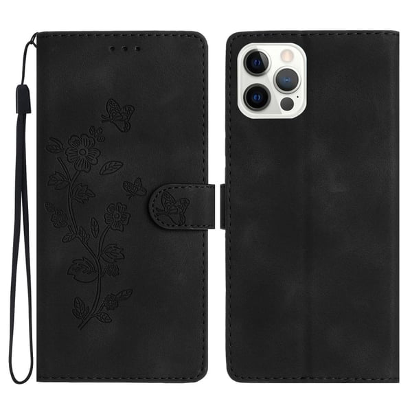 iPhone 16 Pro Max Nahka Lompakko Asia Painettu kukka Flip Suojaava puhelimen kansi - Musta