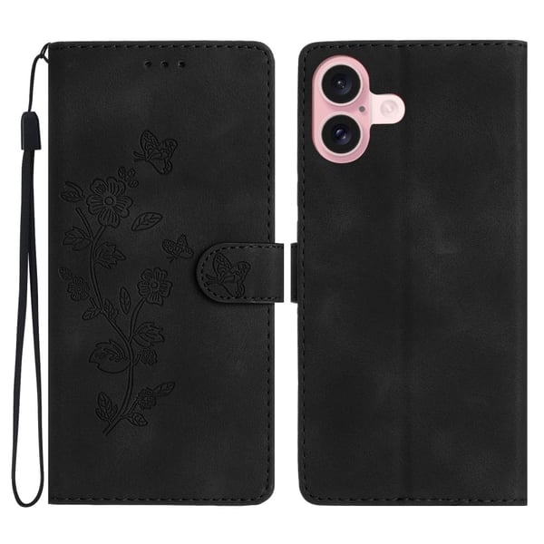 iPhone 16-etui med blomstertrykk i skinnlommebok med kortholder - Svart