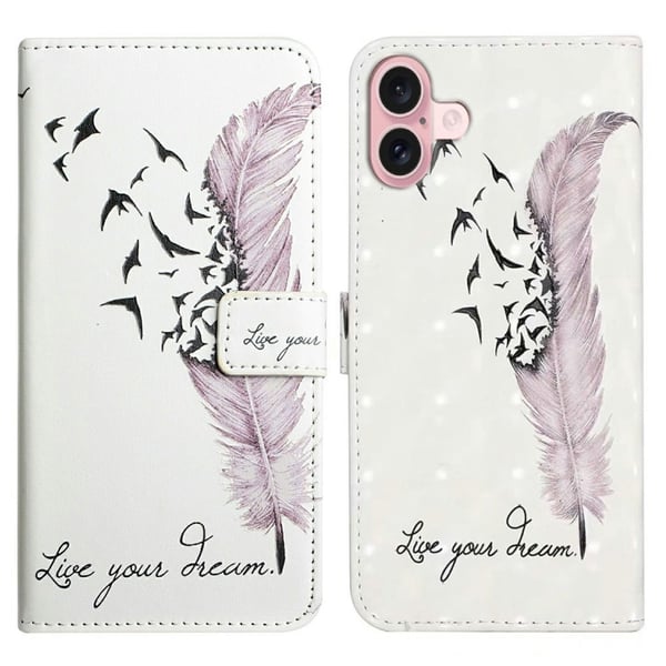 iPhone 16 Etui 3D Creative Pattern Vegansk Læder Stand Phone Cover - Fjer