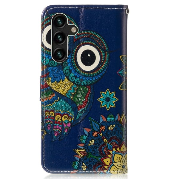 Samsung Galaxy S24 FE lommebokveske i lær med mønstertrykk - Blå Ugle