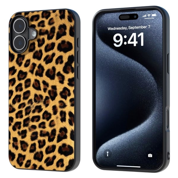 ABEEL iPhone 16-etui Vegansk lærbelagt, fleksibelt leopard-telefondeksel - Gull