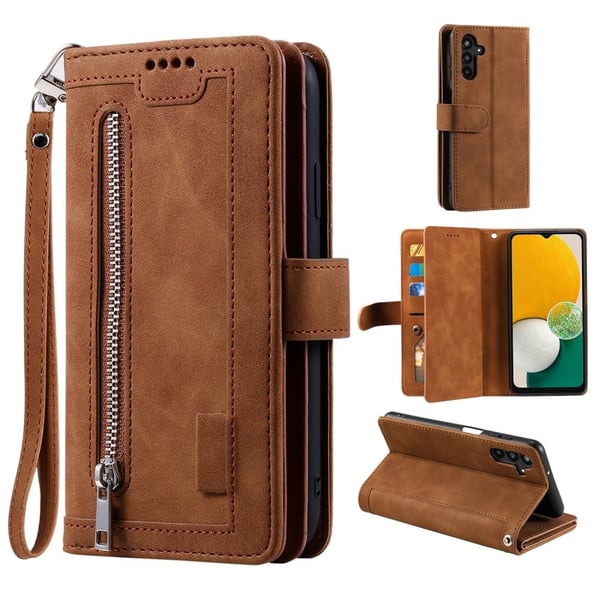 Samsung Galaxy S24 FE Etui med lynlåslomme i vegansk læder Telefoncover med 9 kortpladser - Brun