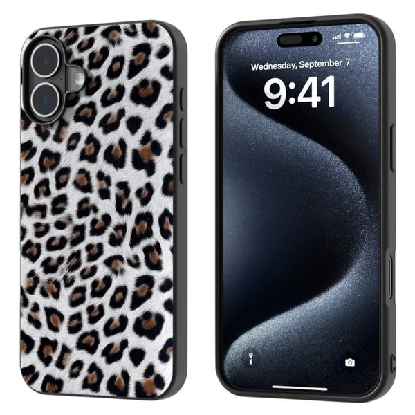 ABEEL iPhone 16-etui Vegansk lærbelagt, fleksibelt leopard-telefondeksel - Sølv