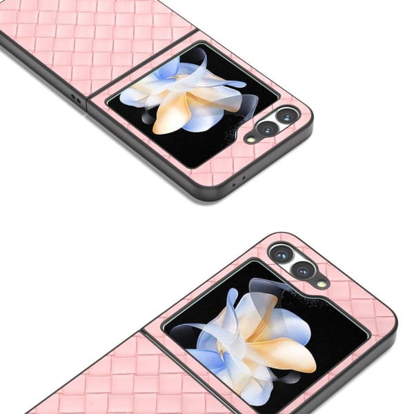 Samsung Galaxy Z Flip6 5G-etui med vevd tekstur i skinn og støtbestandig beskyttende telefondeksel - Rosa