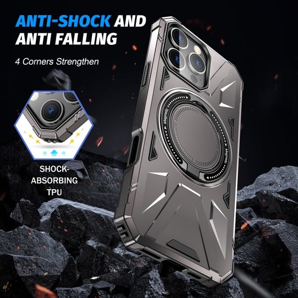 iPhone 16 Pro Magnetisk Case Fleksibelt og stødsikkert Ring Kickstand Anti-Drop Phone Cover - Grå