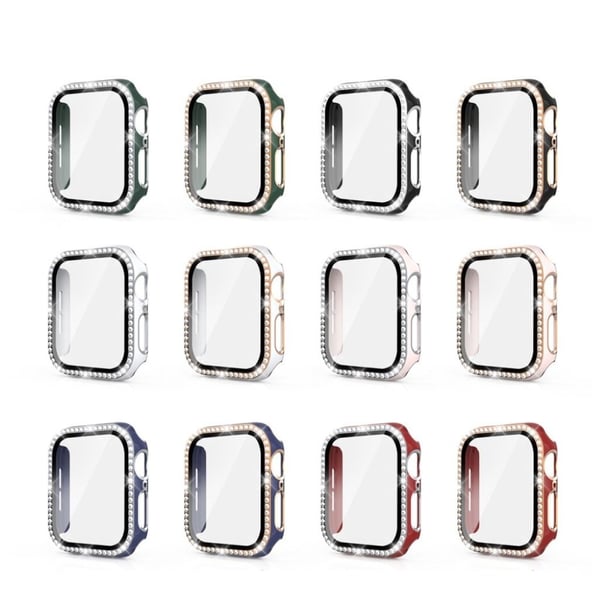 Apple Watch 44 mm tofarget rhinestone-deksel + herdet glass - Hvit / Sølv