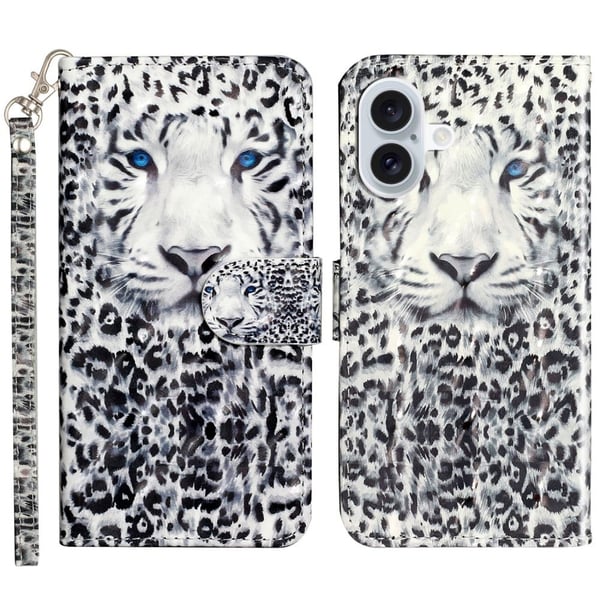 iPhone 16 Nahkakotelo Flip lompakko puhelin kansi magneettilukko 3D kuvio painettu - Leopardi