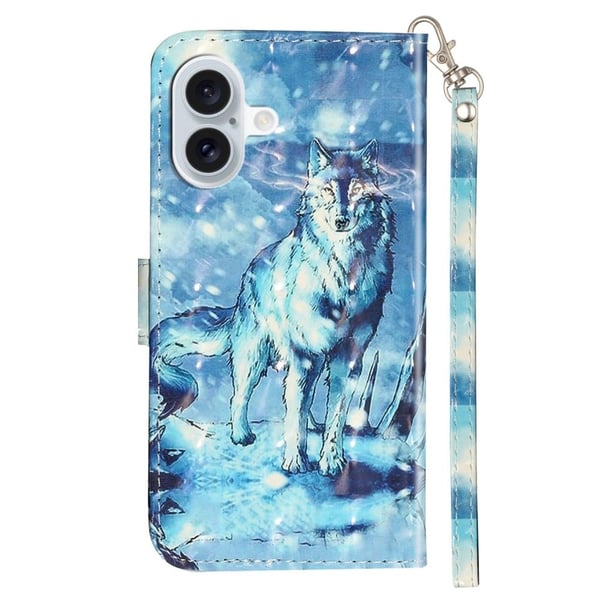 iPhone 16 Nahkakotelo Flip lompakko puhelin kansi magneettilukko 3D kuvio painettu - Lumi Susi