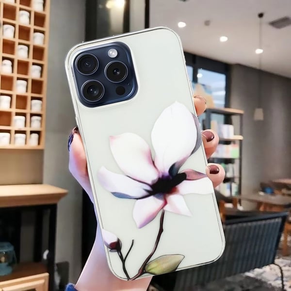iPhone 16 Pro-etui med mønsterutskrift ripebestandig, slankt, fleksibelt telefondeksel - Hvit Blomst