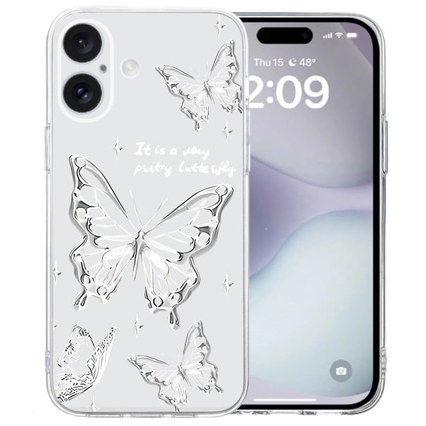 iPhone 16-etui Mykt, fleksibelt telefondeksel med gjennomsiktig kant - Sommerfugl