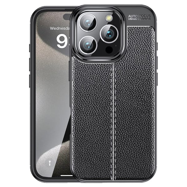 iPhone 16 Pro-fodral Litchi Texture Stötsäkert flexibelt mobilskal - Svart