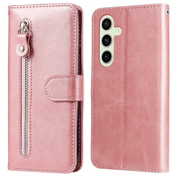 Samsung Galaxy S24 FE Etui Vegansk læderstativ Telefoncover med lynlåslomme - Lyserød