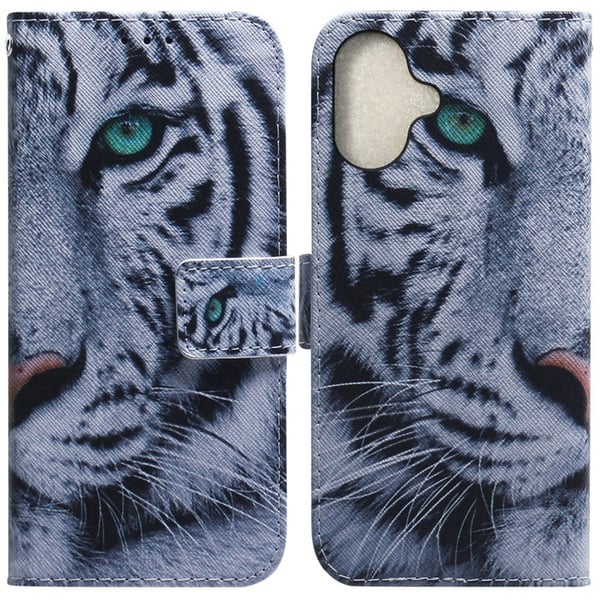 iPhone 16 Plus lommebokveske med mønstermønster i skinndeksel - Tiger
